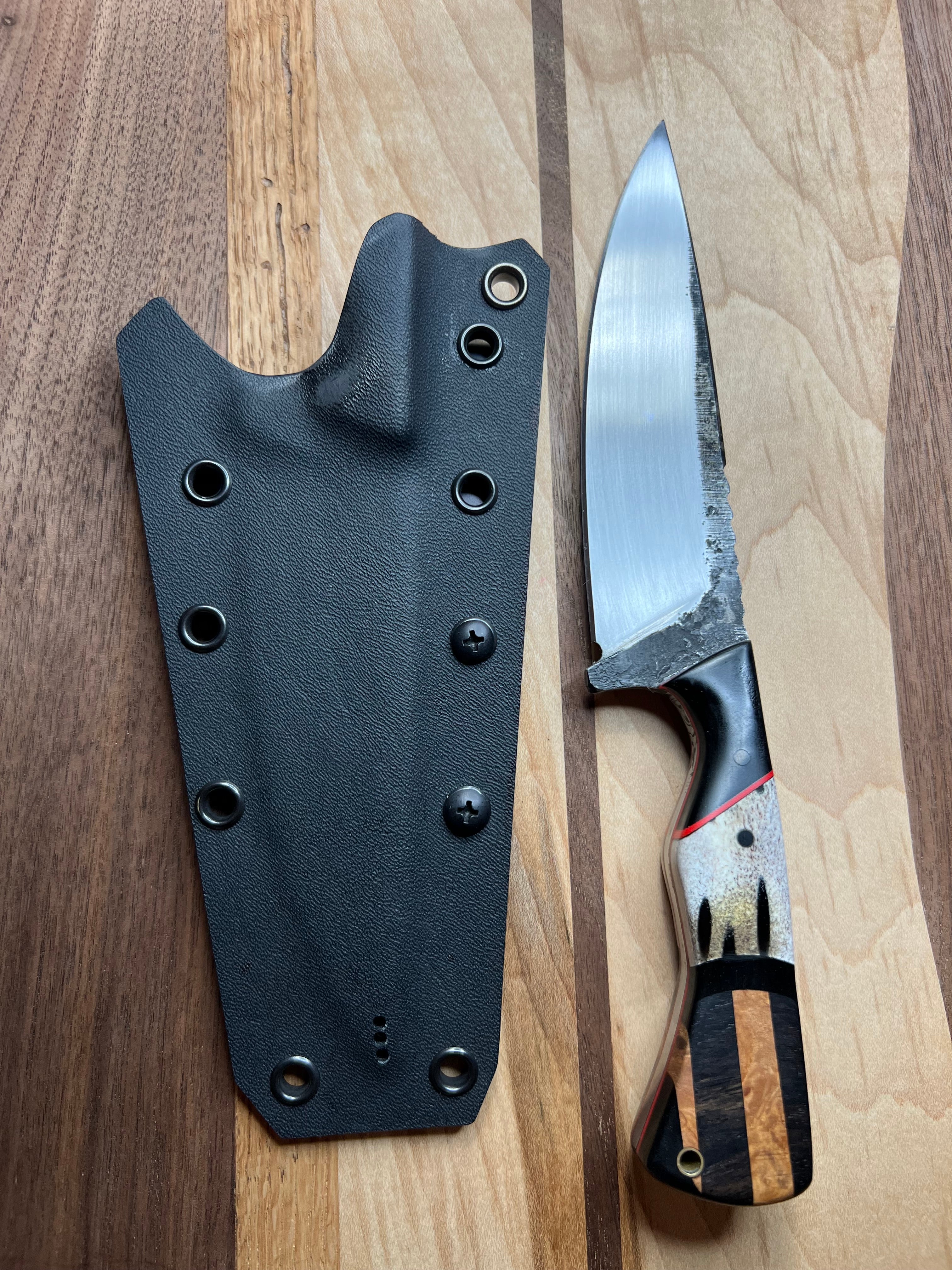 Custom 1084 Steel Knife with Deer Antler, Ebony & Maple Burl Handle