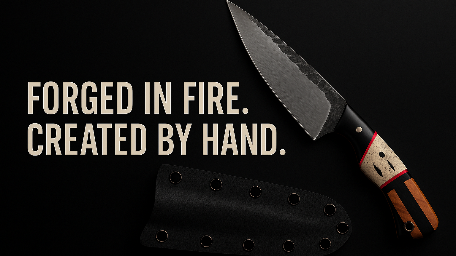 Knife with sheath on a black background with text 'Forged in Fire. Created by Hand.